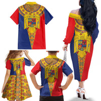 Romania Traditional Embroidery Pattern Family Matching Off The Shoulder Long Sleeve Dress and Hawaiian Shirt
