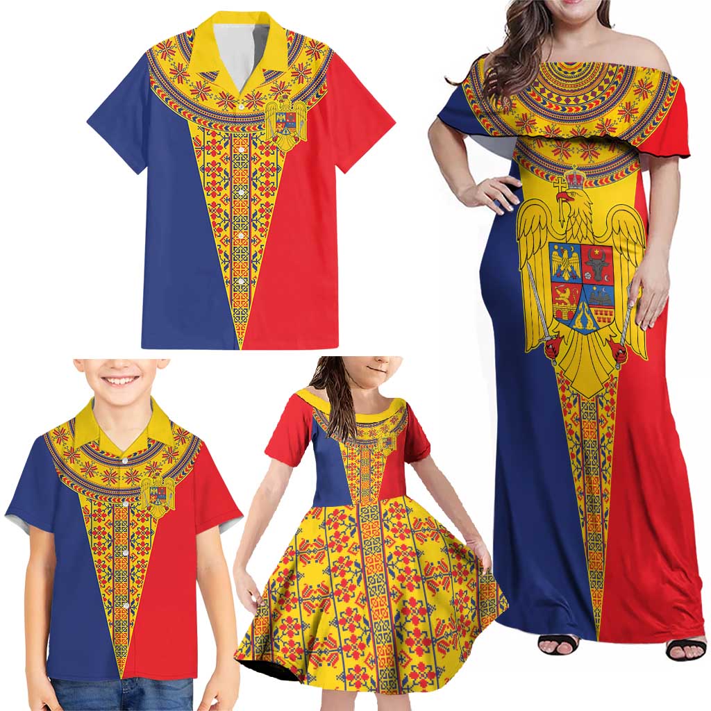 Romania Traditional Embroidery Pattern Family Matching Off Shoulder Maxi Dress and Hawaiian Shirt