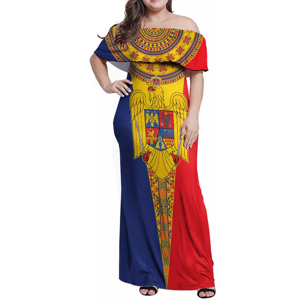 Romania Traditional Embroidery Pattern Family Matching Off Shoulder Maxi Dress and Hawaiian Shirt