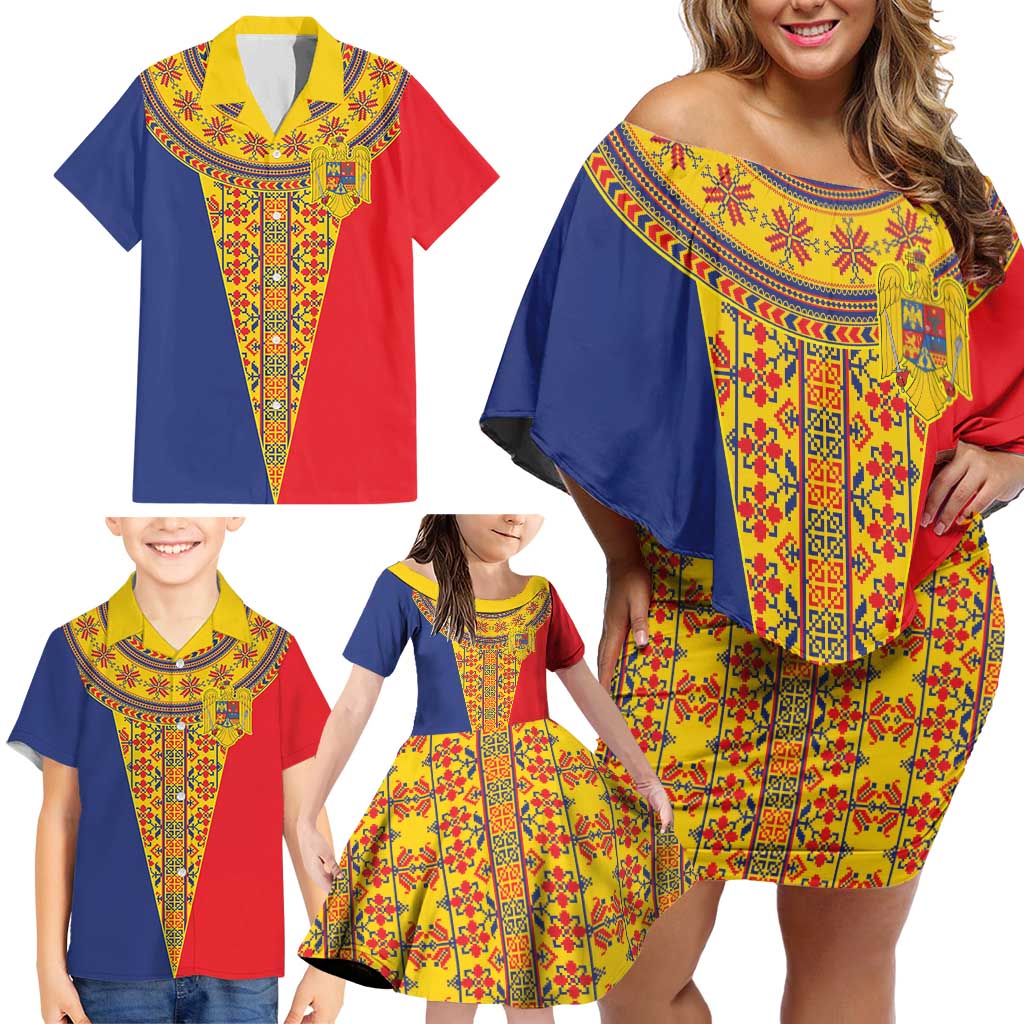 Romania Traditional Embroidery Pattern Family Matching Off Shoulder Short Dress and Hawaiian Shirt