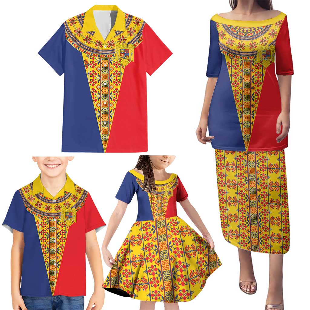 Romania Traditional Embroidery Pattern Family Matching Puletasi and Hawaiian Shirt