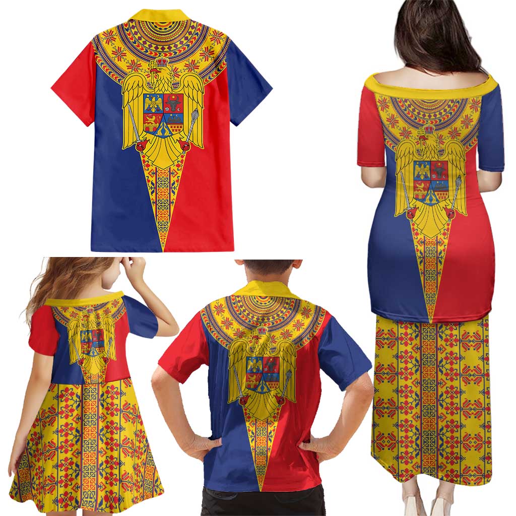 Romania Traditional Embroidery Pattern Family Matching Puletasi and Hawaiian Shirt