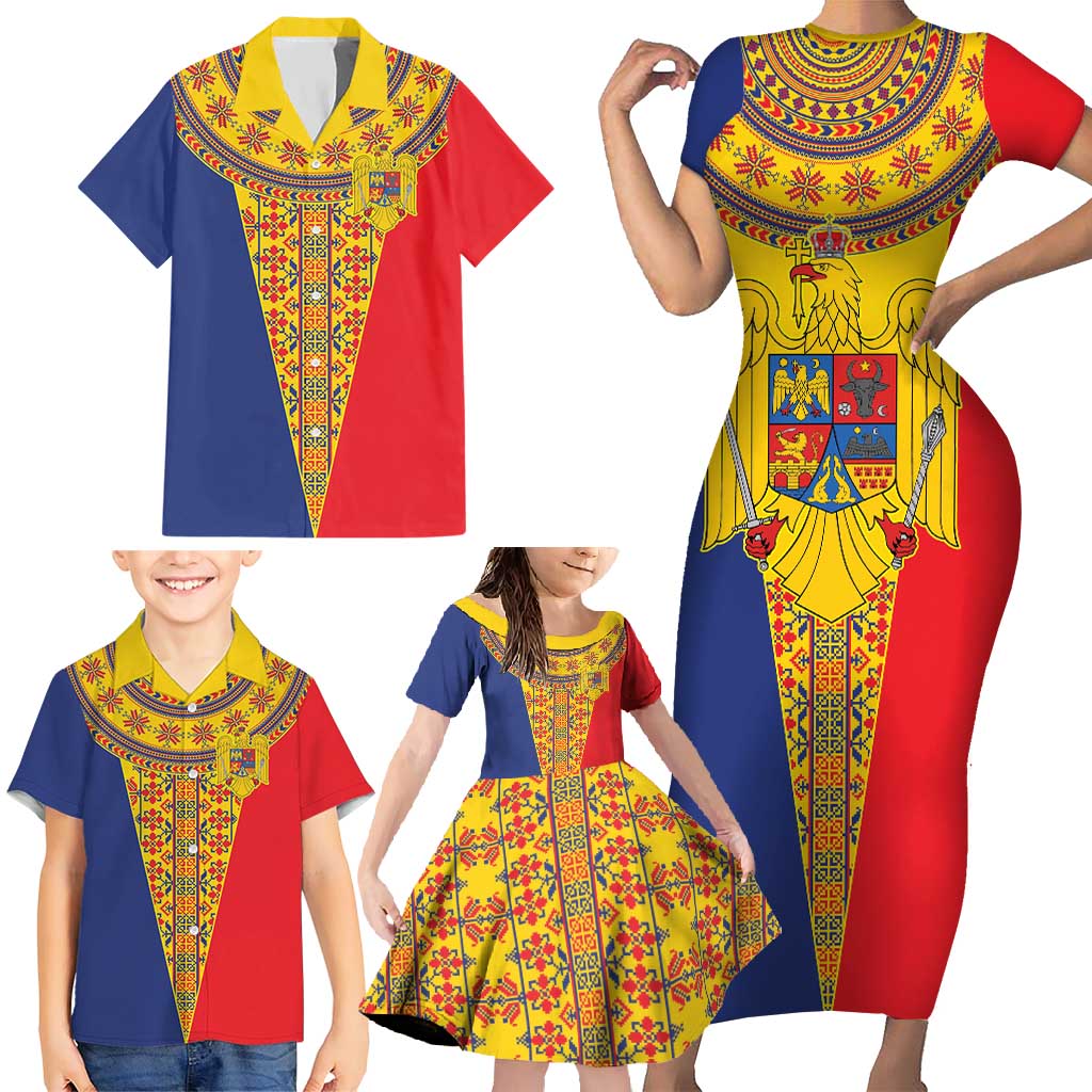 Romania Traditional Embroidery Pattern Family Matching Short Sleeve Bodycon Dress and Hawaiian Shirt