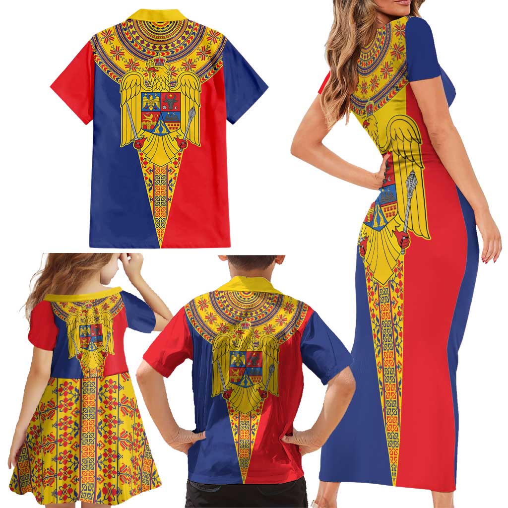 Romania Traditional Embroidery Pattern Family Matching Short Sleeve Bodycon Dress and Hawaiian Shirt