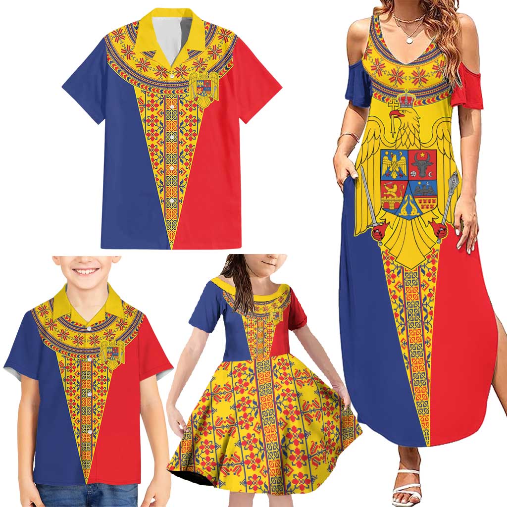Romania Traditional Embroidery Pattern Family Matching Summer Maxi Dress and Hawaiian Shirt