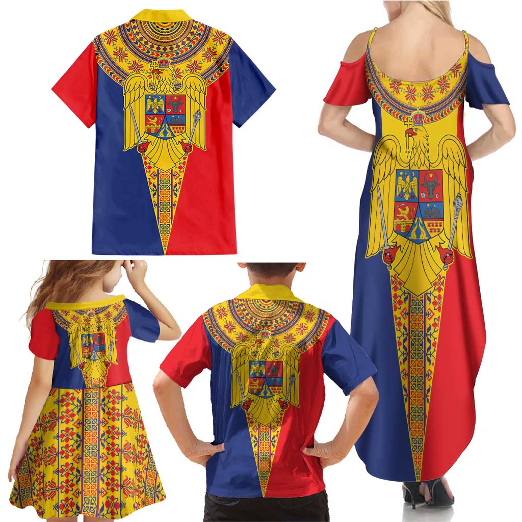 Romania Traditional Embroidery Pattern Family Matching Summer Maxi Dress and Hawaiian Shirt