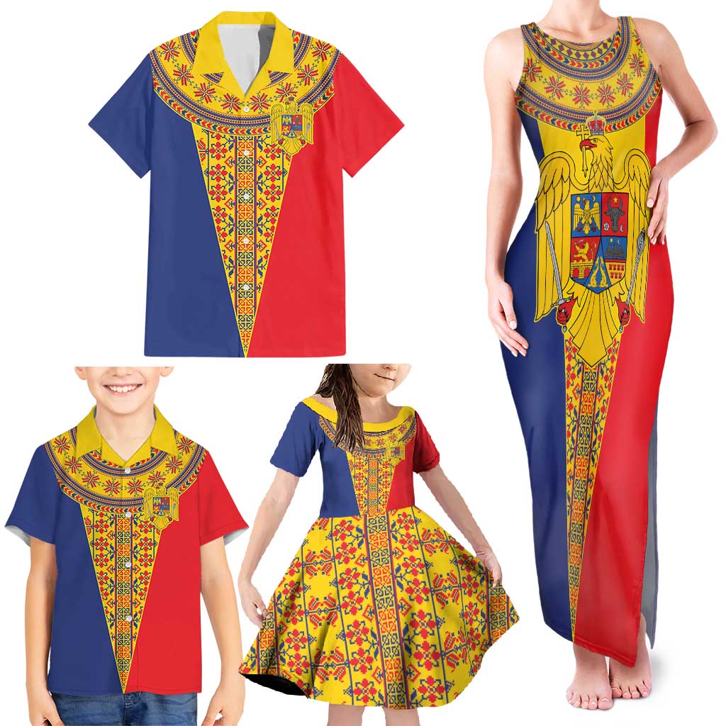 Romania Traditional Embroidery Pattern Family Matching Tank Maxi Dress and Hawaiian Shirt