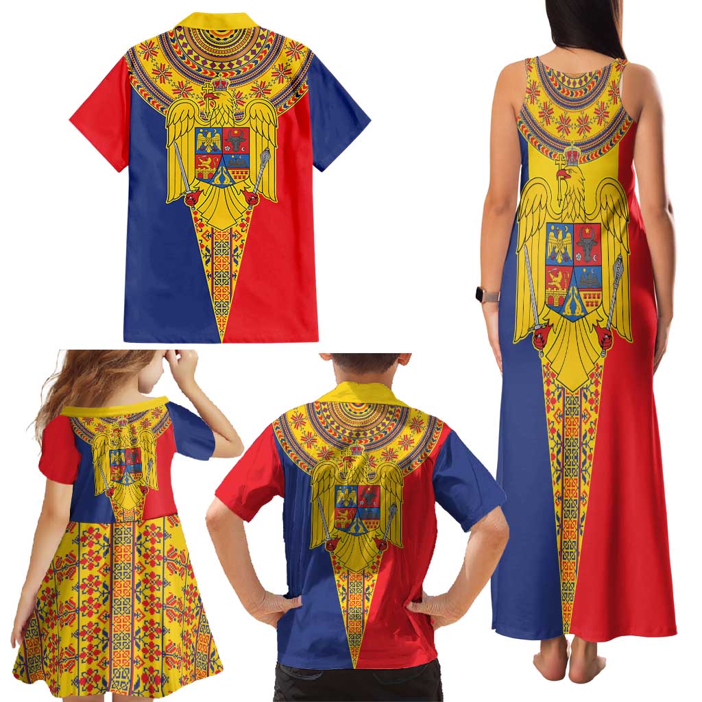 Romania Traditional Embroidery Pattern Family Matching Tank Maxi Dress and Hawaiian Shirt
