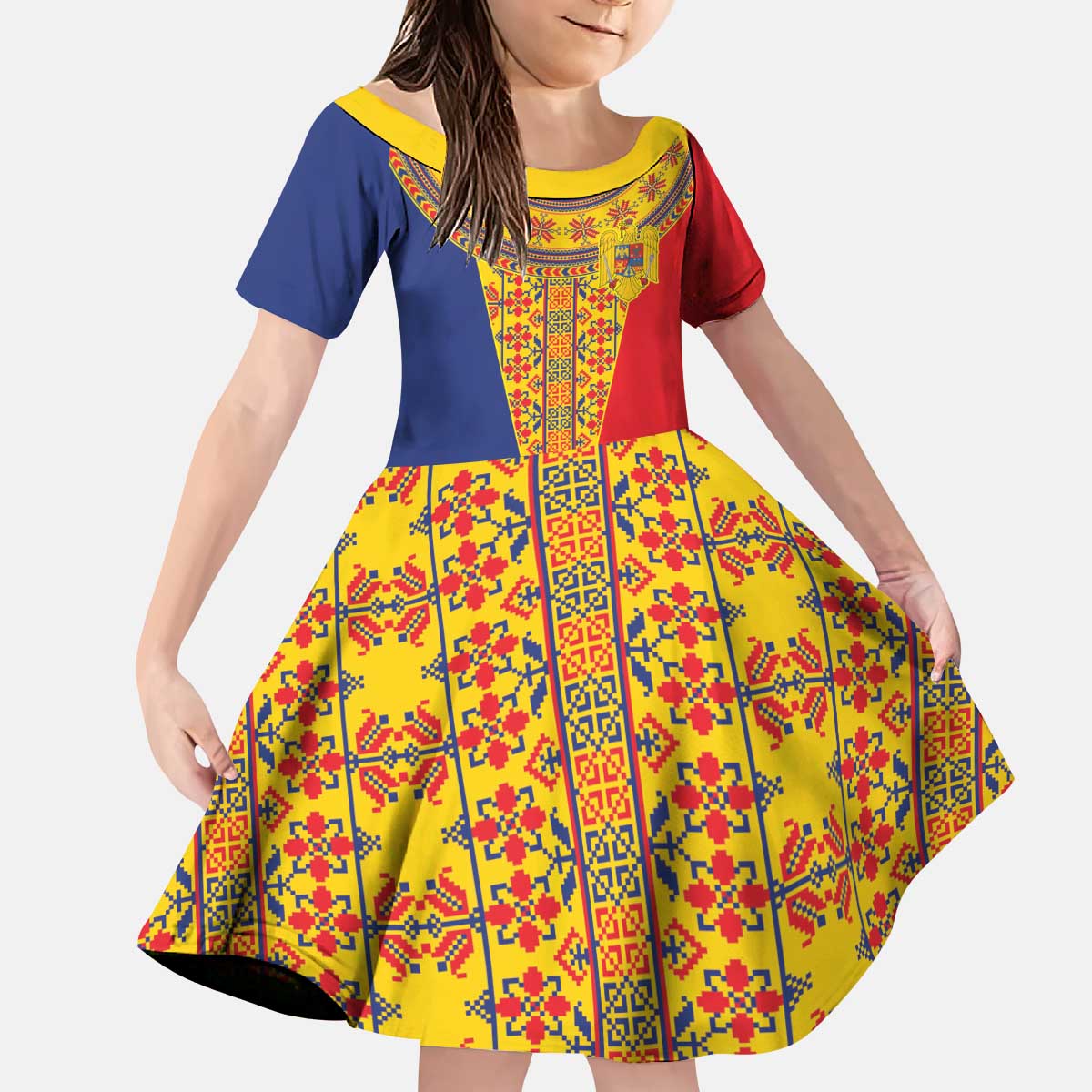 Romania Traditional Embroidery Pattern Kid Short Sleeve Dress