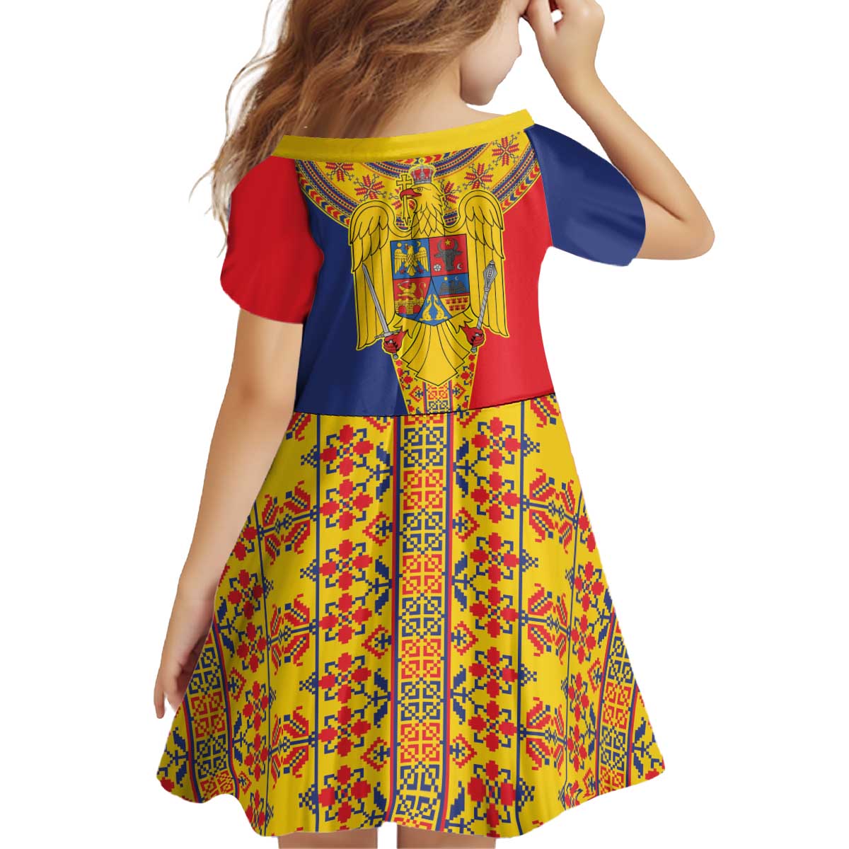 Romania Traditional Embroidery Pattern Kid Short Sleeve Dress