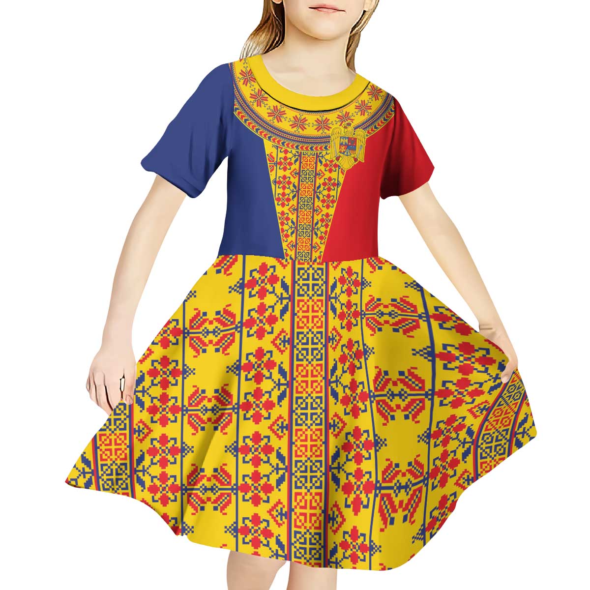 Romania Traditional Embroidery Pattern Kid Short Sleeve Dress