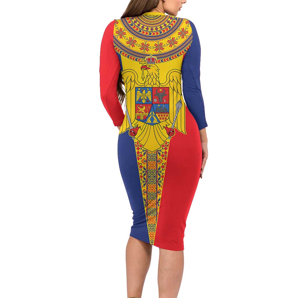 Romania Traditional Embroidery Pattern Long Sleeve Bodycon Dress