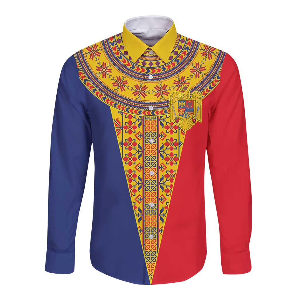 Romania Traditional Embroidery Pattern Long Sleeve Button Shirt