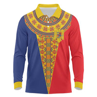 Romania Traditional Embroidery Pattern Long Sleeve Polo Shirt