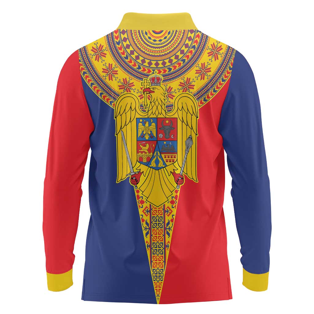 Romania Traditional Embroidery Pattern Long Sleeve Polo Shirt