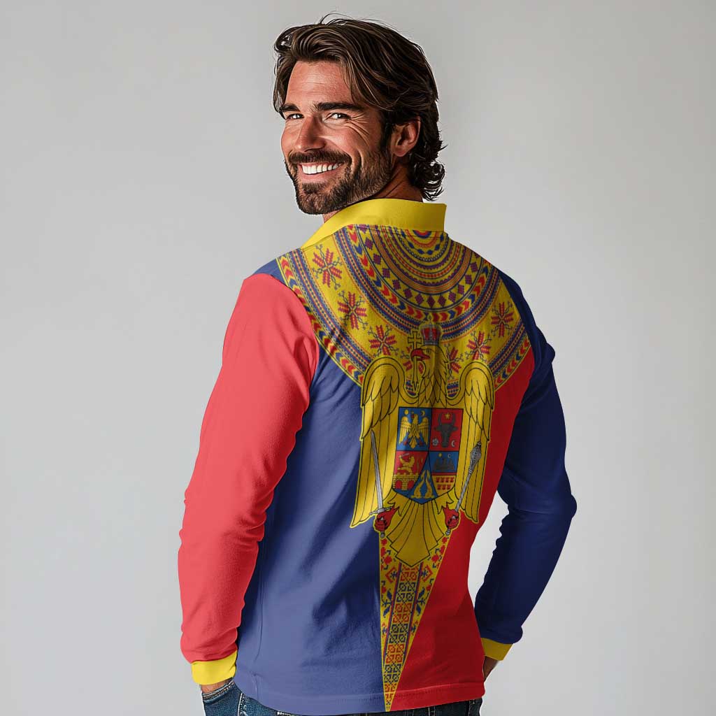 Romania Traditional Embroidery Pattern Long Sleeve Polo Shirt
