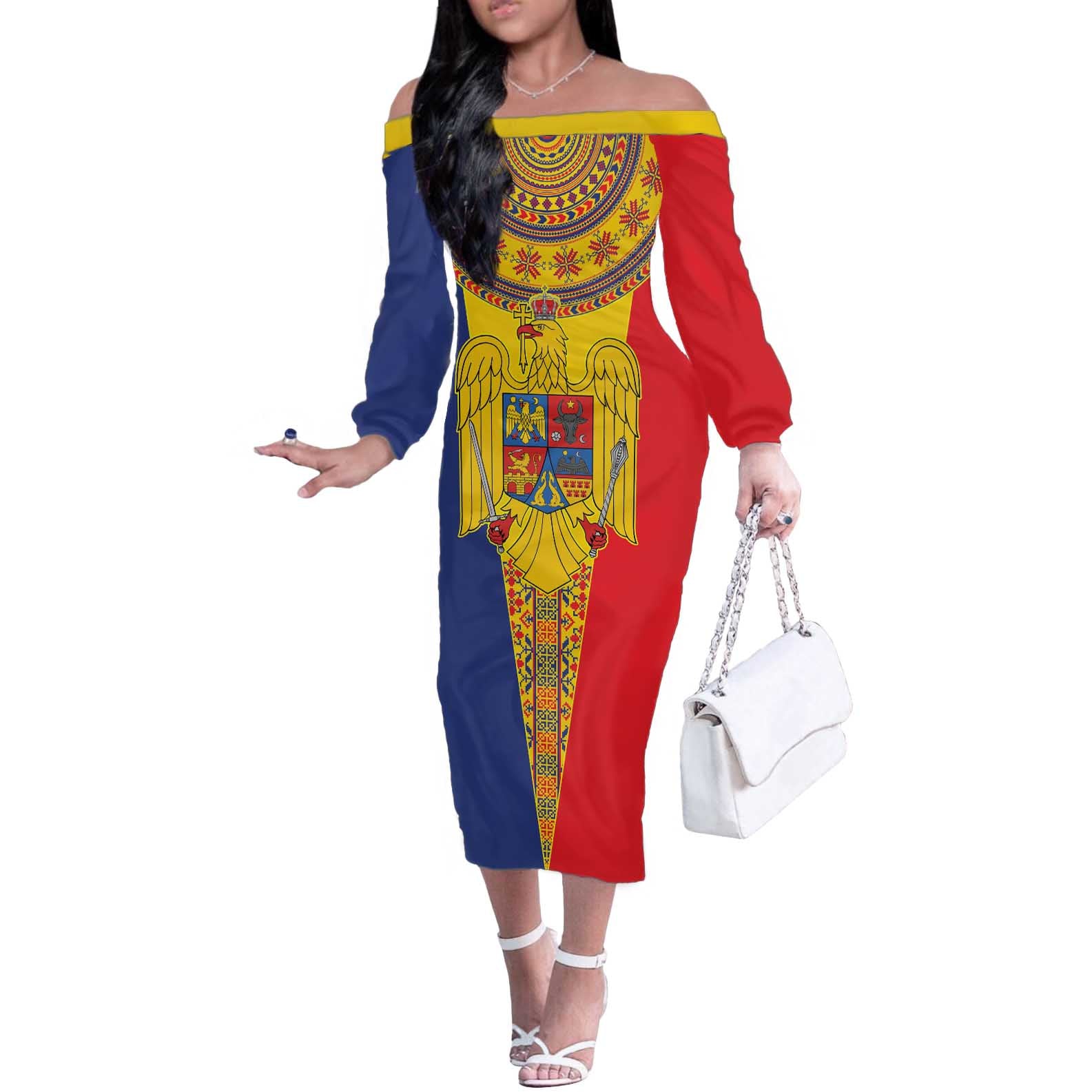 Romania Traditional Embroidery Pattern Off The Shoulder Long Sleeve Dress