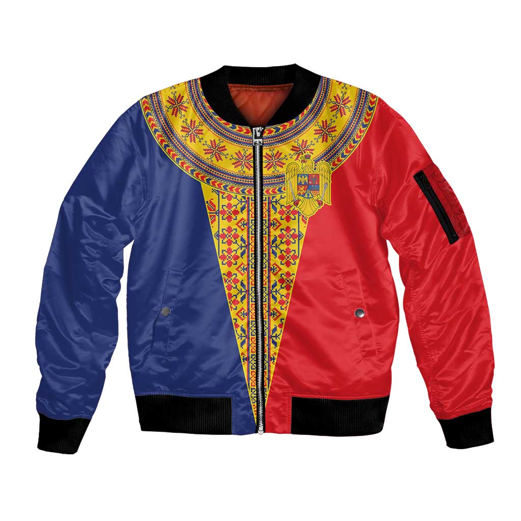 Romania Traditional Embroidery Pattern Sleeve Zip Bomber Jacket