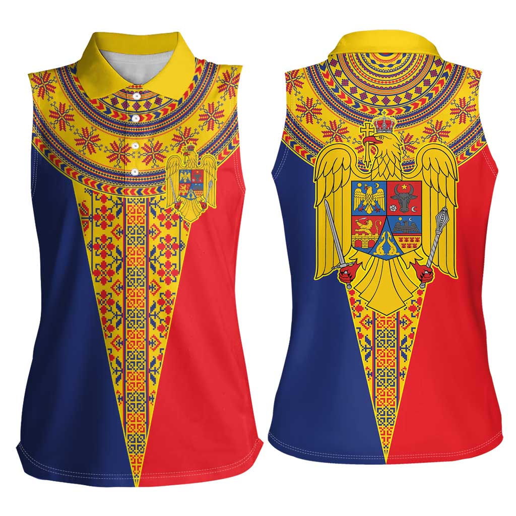 Romania Traditional Embroidery Pattern Women Sleeveless Polo Shirt