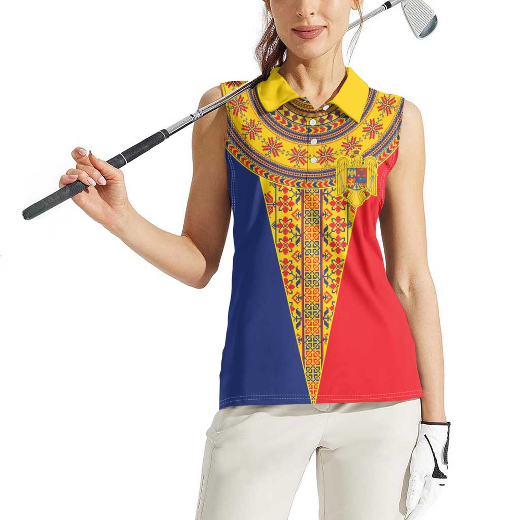 Romania Traditional Embroidery Pattern Women Sleeveless Polo Shirt