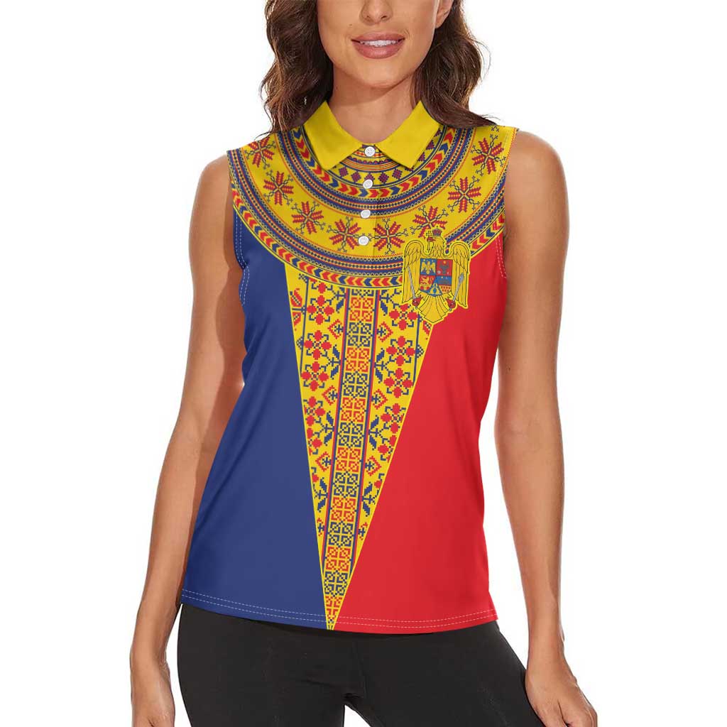 Romania Traditional Embroidery Pattern Women Sleeveless Polo Shirt