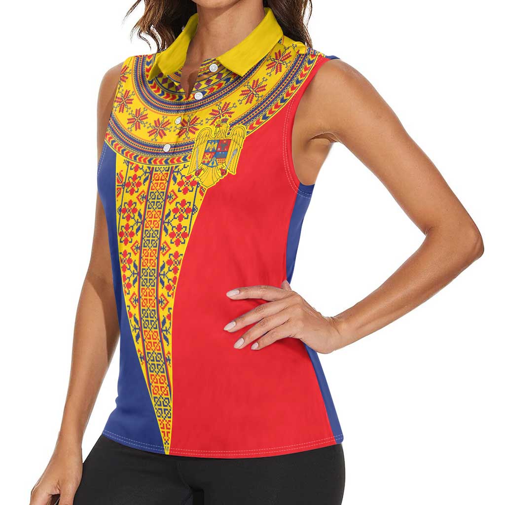 Romania Traditional Embroidery Pattern Women Sleeveless Polo Shirt