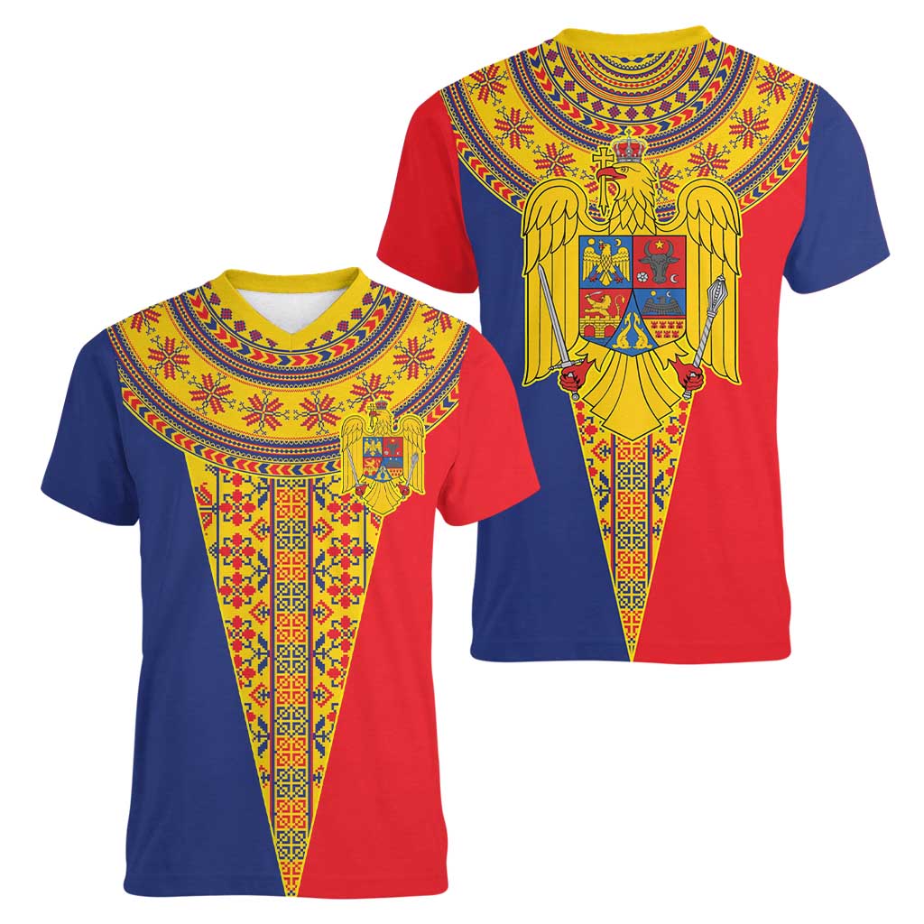 Romania Traditional Embroidery Pattern Women V-Neck T-Shirt