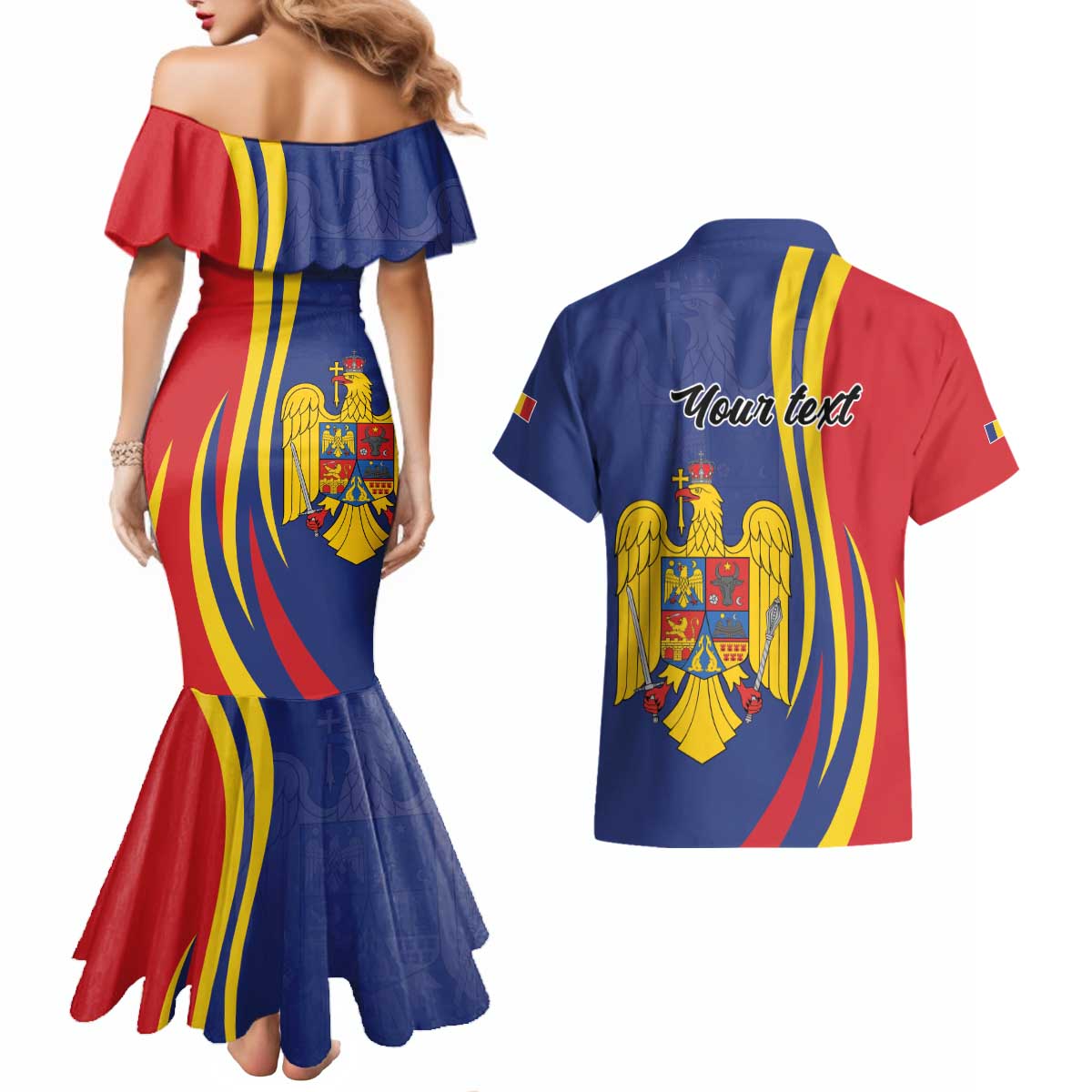 Romania Flag Day Personalized Couples Matching Mermaid Dress and Hawaiian Shirt National Golden Eagle