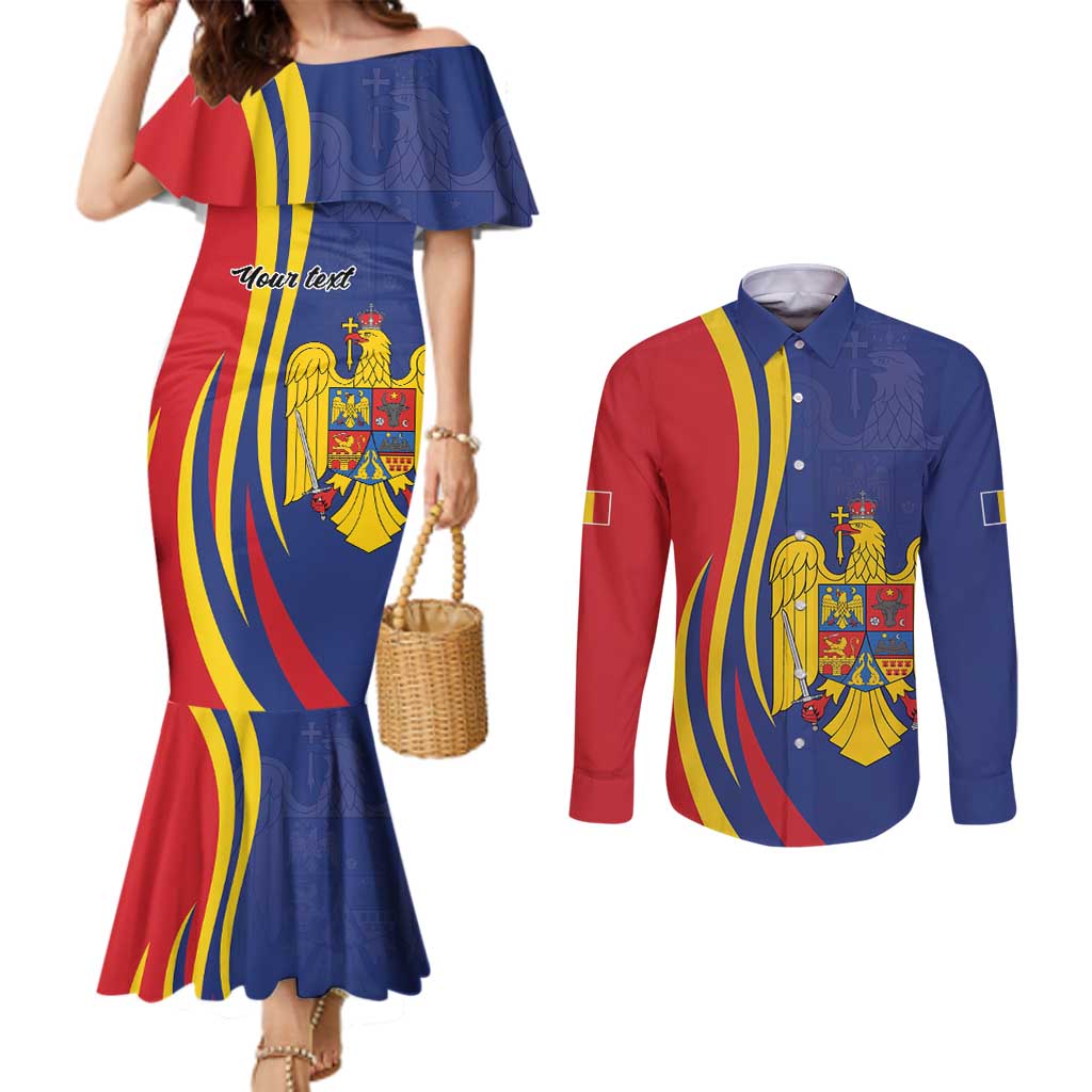 Romania Flag Day Personalized Couples Matching Mermaid Dress and Long Sleeve Button Shirt National Golden Eagle