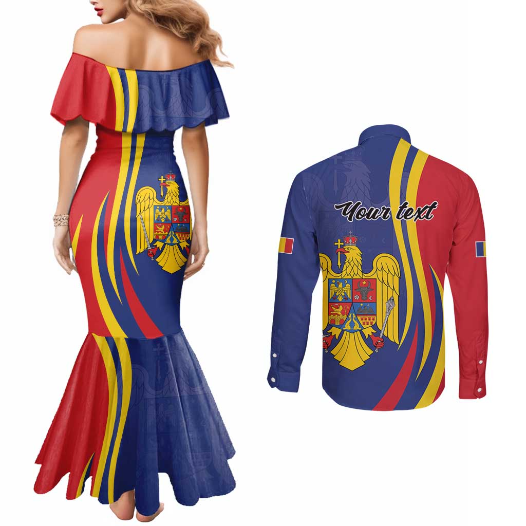 Romania Flag Day Personalized Couples Matching Mermaid Dress and Long Sleeve Button Shirt National Golden Eagle