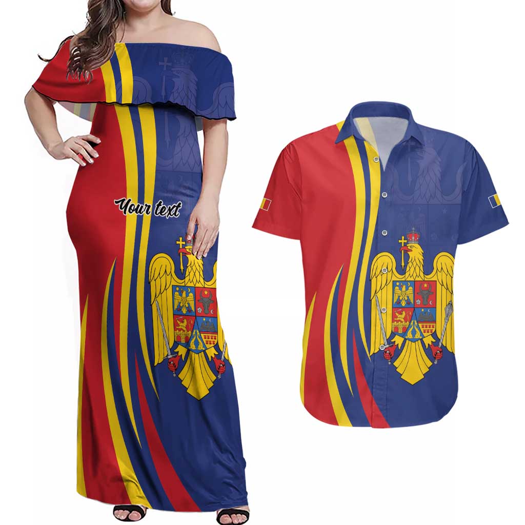 Romania Flag Day Personalized Couples Matching Off Shoulder Maxi Dress and Hawaiian Shirt National Golden Eagle