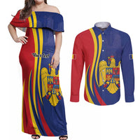 Romania Flag Day Personalized Couples Matching Off Shoulder Maxi Dress and Long Sleeve Button Shirt National Golden Eagle