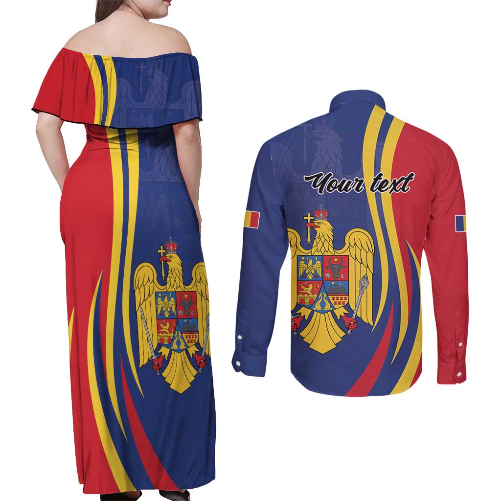 Romania Flag Day Personalized Couples Matching Off Shoulder Maxi Dress and Long Sleeve Button Shirt National Golden Eagle