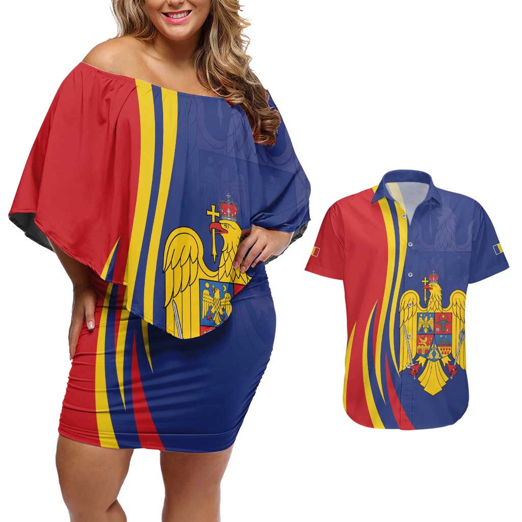 Romania Flag Day Personalized Couples Matching Off Shoulder Short Dress and Hawaiian Shirt National Golden Eagle