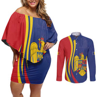Romania Flag Day Personalized Couples Matching Off Shoulder Short Dress and Long Sleeve Button Shirt National Golden Eagle