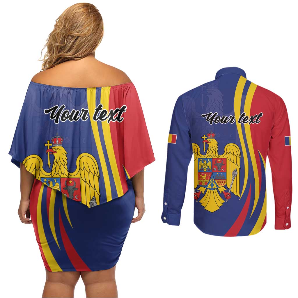 Romania Flag Day Personalized Couples Matching Off Shoulder Short Dress and Long Sleeve Button Shirt National Golden Eagle