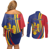 Romania Flag Day Personalized Couples Matching Off Shoulder Short Dress and Long Sleeve Button Shirt National Golden Eagle