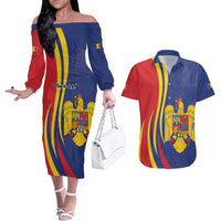 Romania Flag Day Personalized Couples Matching Off The Shoulder Long Sleeve Dress and Hawaiian Shirt National Golden Eagle