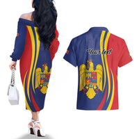 Romania Flag Day Personalized Couples Matching Off The Shoulder Long Sleeve Dress and Hawaiian Shirt National Golden Eagle