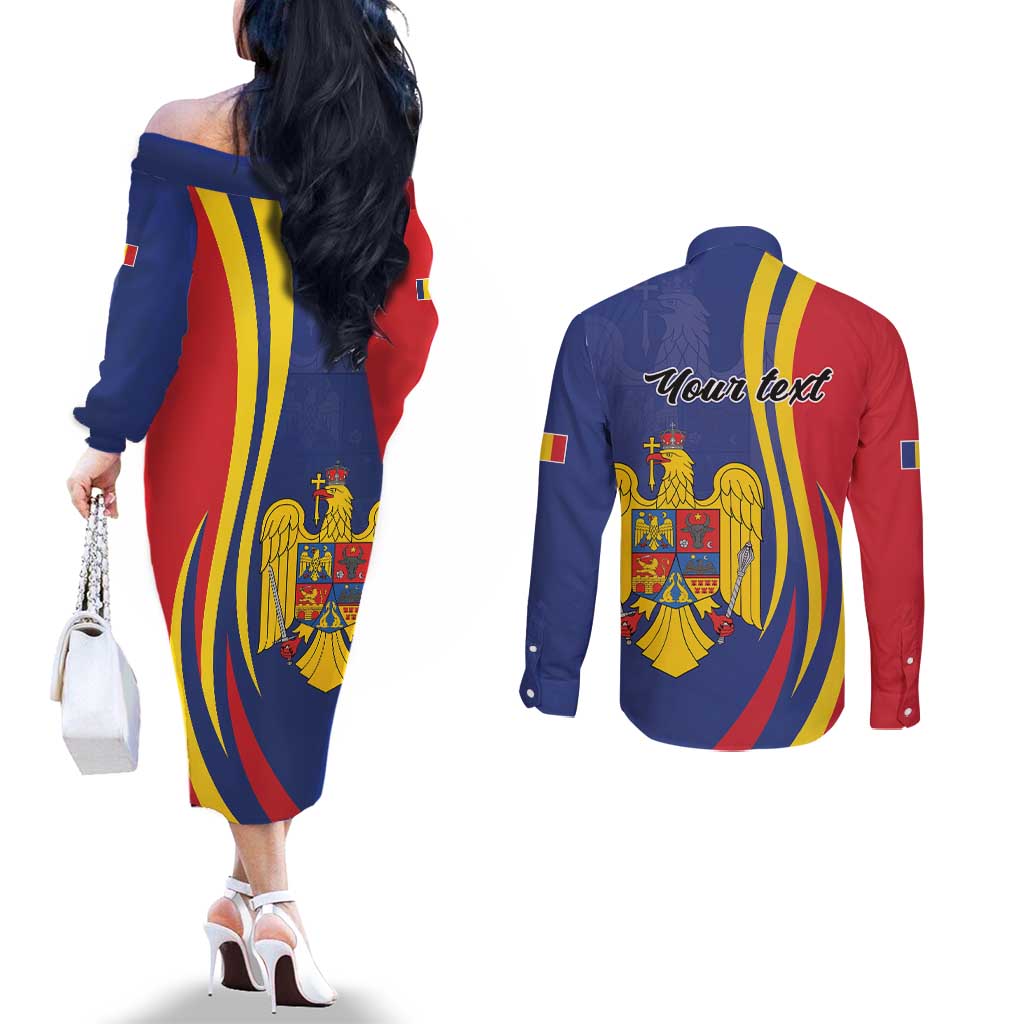 Romania Flag Day Personalized Couples Matching Off The Shoulder Long Sleeve Dress and Long Sleeve Button Shirt National Golden Eagle