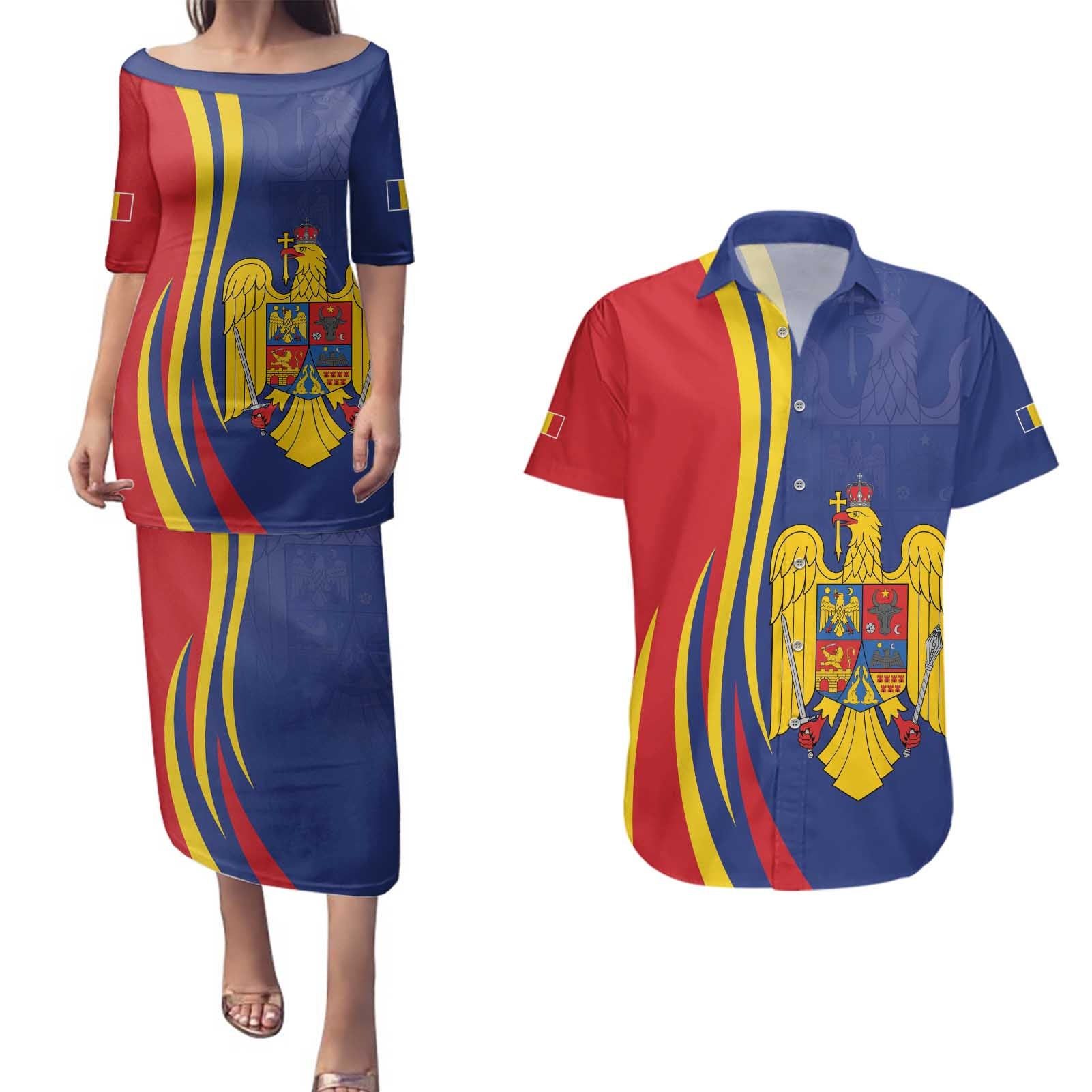 Romania Flag Day Personalized Couples Matching Puletasi and Hawaiian Shirt National Golden Eagle