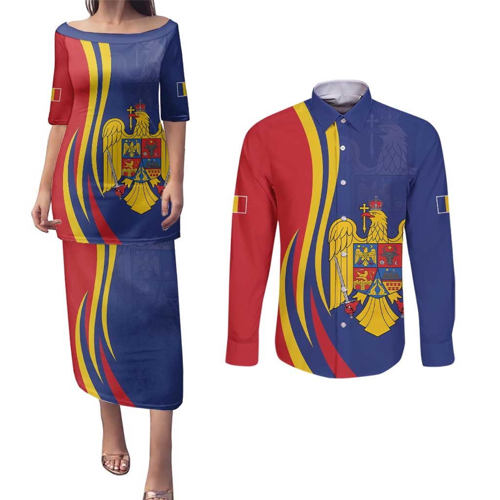 Romania Flag Day Personalized Couples Matching Puletasi and Long Sleeve Button Shirt National Golden Eagle