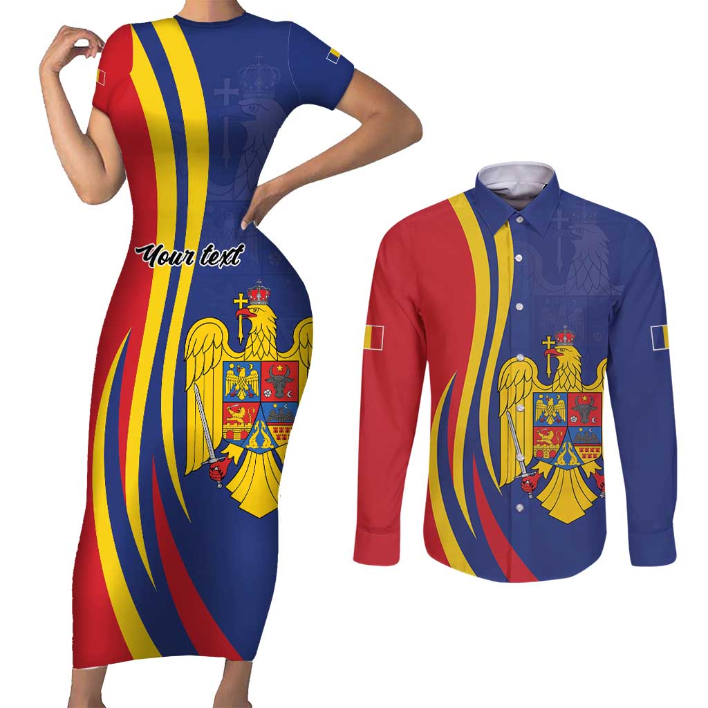 Romania Flag Day Personalized Couples Matching Short Sleeve Bodycon Dress and Long Sleeve Button Shirt National Golden Eagle