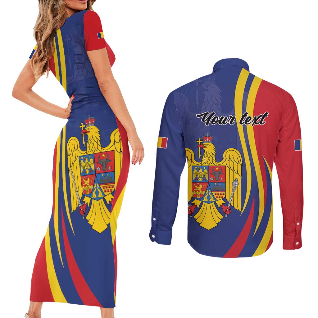 Romania Flag Day Personalized Couples Matching Short Sleeve Bodycon Dress and Long Sleeve Button Shirt National Golden Eagle
