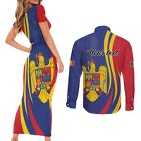 Romania Flag Day Personalized Couples Matching Short Sleeve Bodycon Dress and Long Sleeve Button Shirt National Golden Eagle