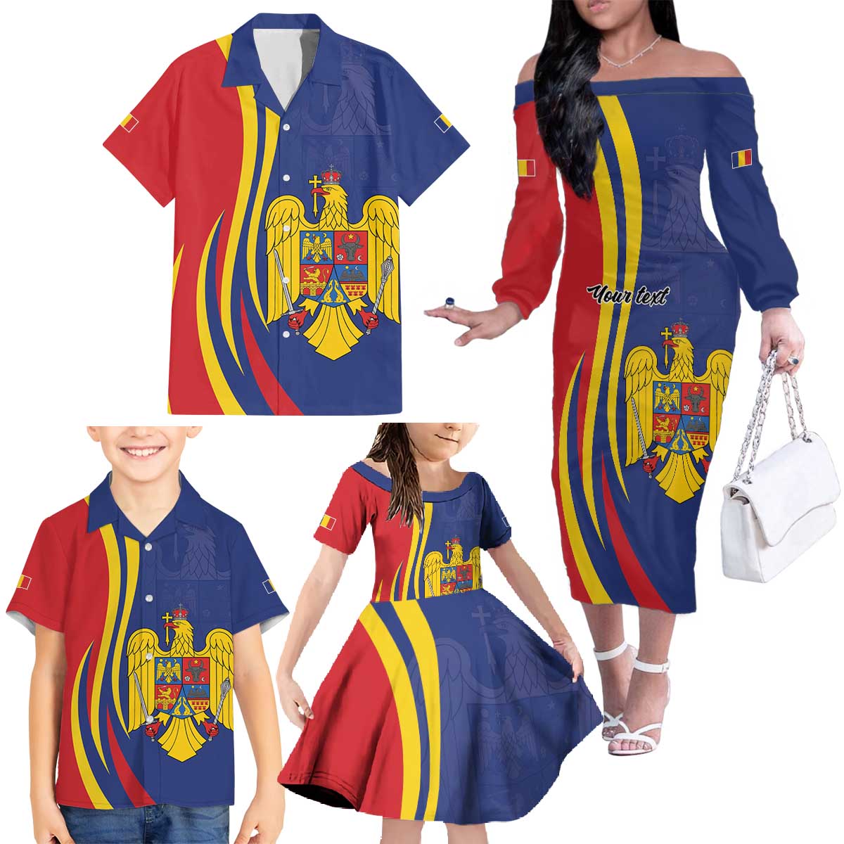 Romania Flag Day Personalized Family Matching Off The Shoulder Long Sleeve Dress and Hawaiian Shirt National Golden Eagle