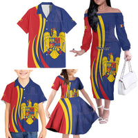 Romania Flag Day Personalized Family Matching Off The Shoulder Long Sleeve Dress and Hawaiian Shirt National Golden Eagle