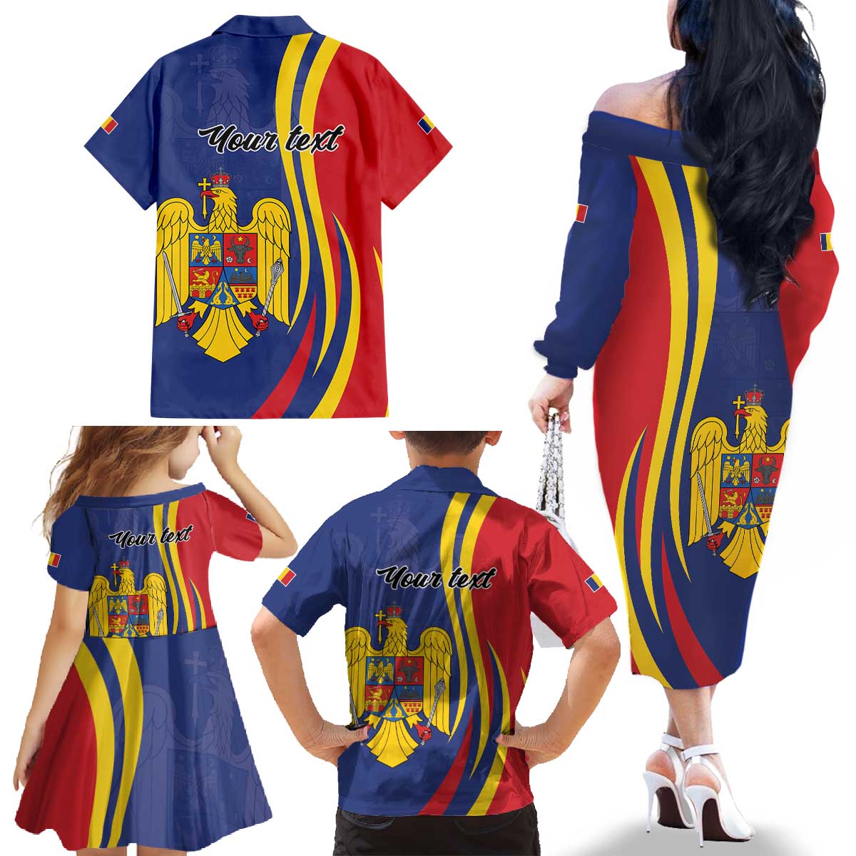 Romania Flag Day Personalized Family Matching Off The Shoulder Long Sleeve Dress and Hawaiian Shirt National Golden Eagle