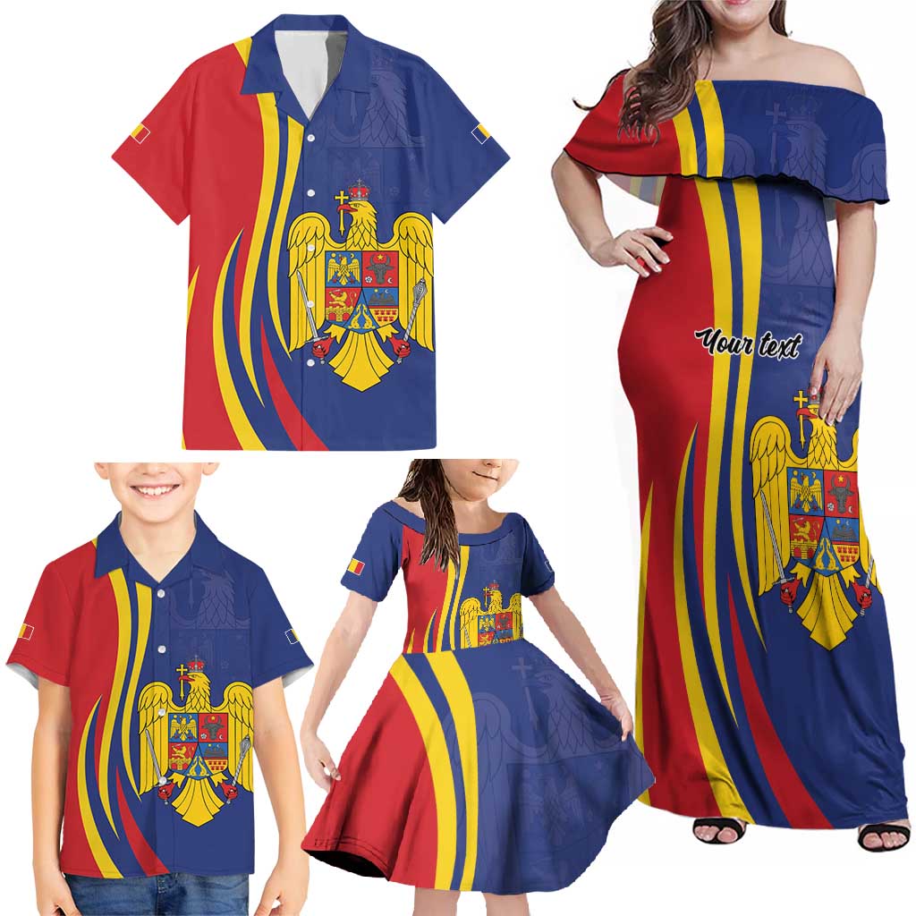 Romania Flag Day Personalized Family Matching Off Shoulder Maxi Dress and Hawaiian Shirt National Golden Eagle