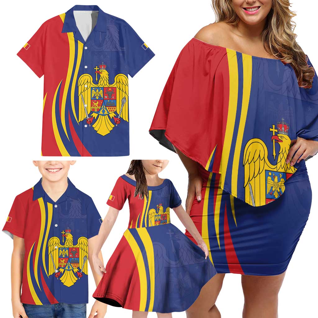 Romania Flag Day Personalized Family Matching Off Shoulder Short Dress and Hawaiian Shirt National Golden Eagle